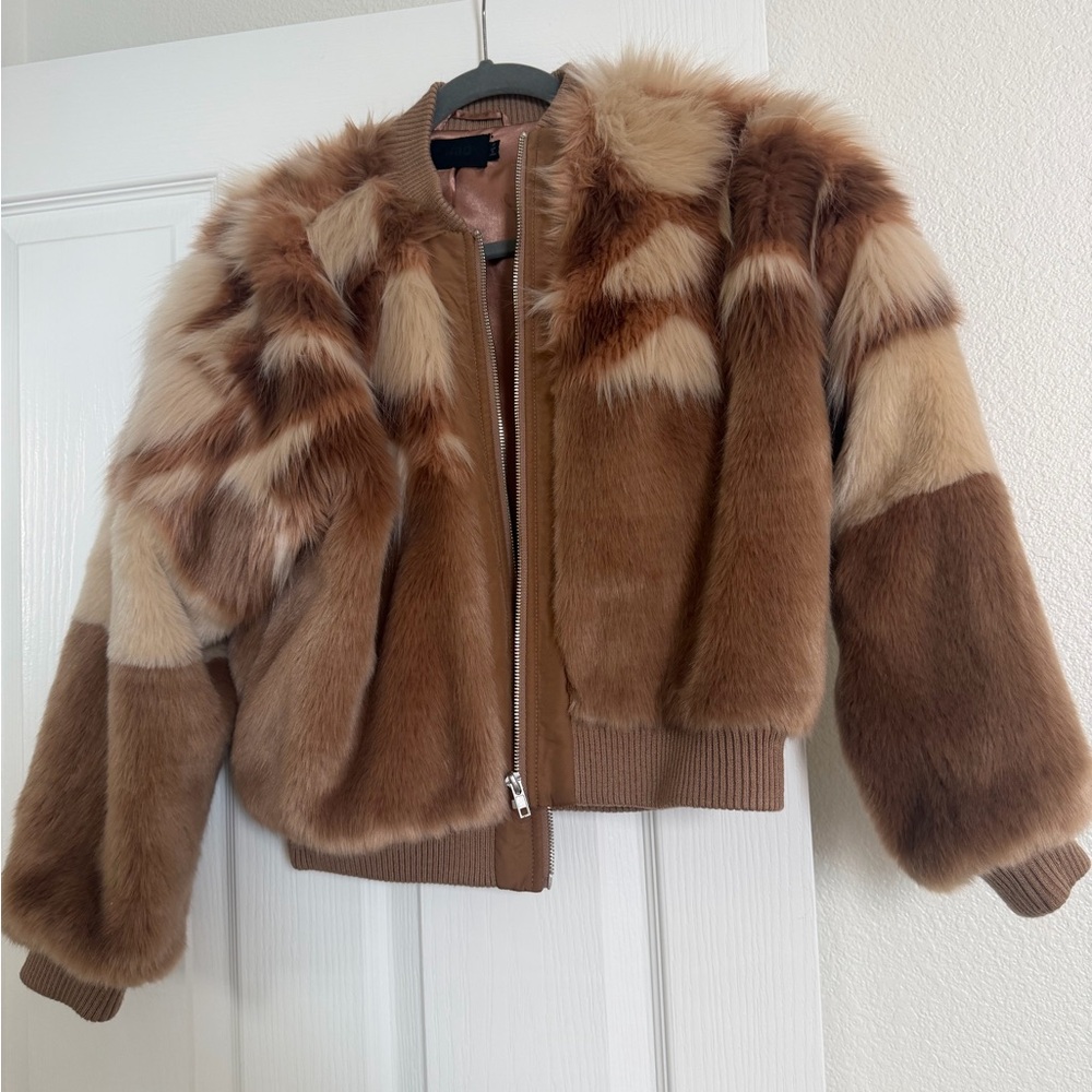Revolve NBD Two-Tone Brown and Cream Faux Fur Bomber Jacket